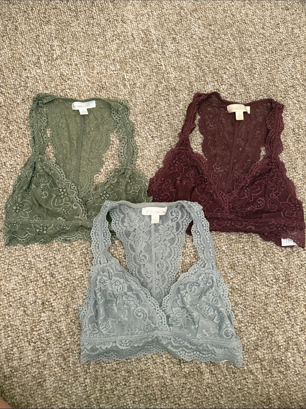Francesca’s Lace Bralette Set — Olive, Wine, Mist  grey